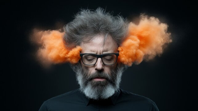 A man with wild hair and glasses has orange smoke exploding from his head