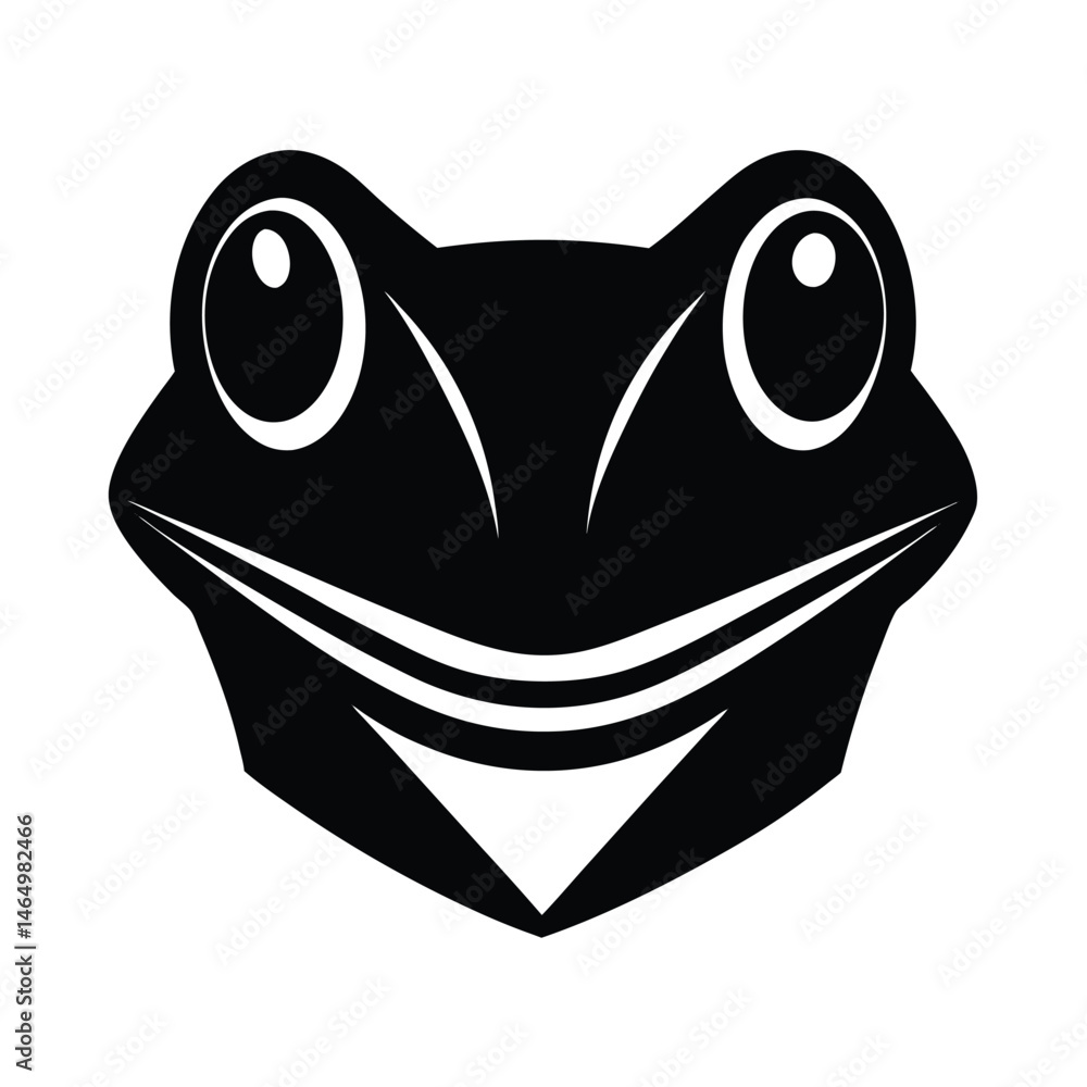 Poster simple and stylized black and white frog face design with a playful and friendly expression