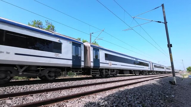 The Solapur Mumbai Vande Bharat Express Train heading towards Mumbai, near Pune India.