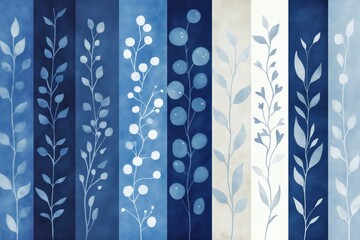 Blue foliage pattern with leaves and branches, floral design on textured background