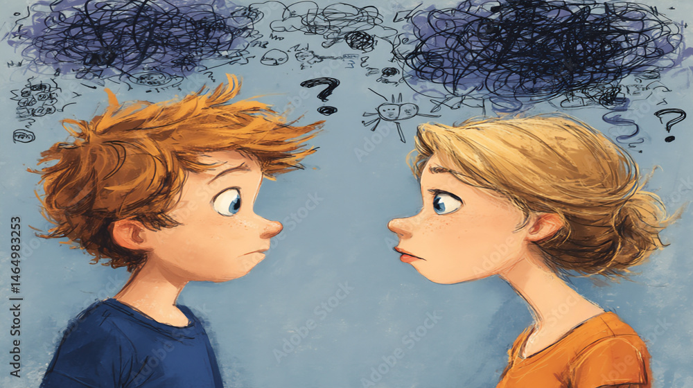 Aufkleber a clean digital illustration showing a child and an adult trying to understand each other with a jum