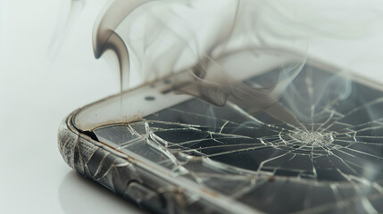 Broken smartphone screen with dark smoke coming out, representing digital addiction and technology overuse, negative impact of mobile devices on mental health.