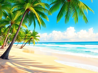 Obraz premium Idyllic Tropical Beach Scene with Lush Palm Trees and Turquoise Ocean