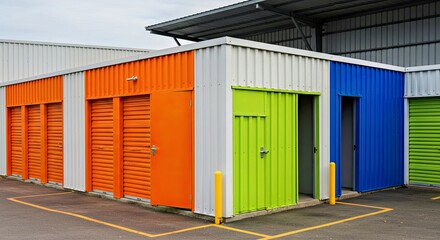 Obraz premium Colorful Storage Units: A vibrant shot captures a row of brightly painted storage units. Each unit is a unique hue, adding a splash of color and order to an otherwise utilitarian space.