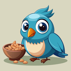 Cute Cartoon Blue Bird with Bowl of Nuts