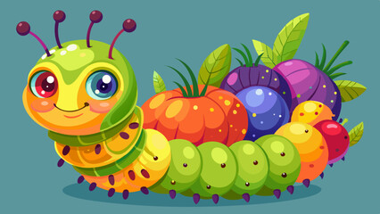 Adorable Cartoon Caterpillar with Colorful Fruits and Vegetables