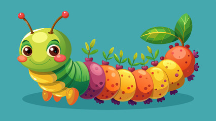 Adorable Cartoon Caterpillar with Colorful Segments and Plants