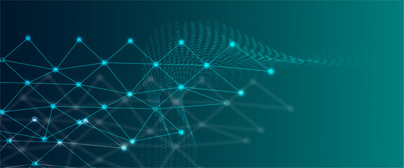 Abstract digital network with interconnected lines and dots on a deep blue background	