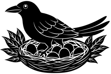 Silhouette of a Bird on Nest with Eggs and Leaves