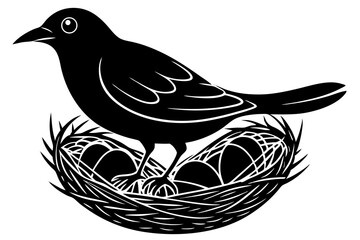 Black Silhouette Bird on Nest with Eggs Illustration