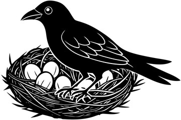 Black Bird Silhouette on Nest with Eggs Illustration