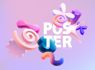 Abstract colorful 3d elements of various unusual shapes. Complex Geometric shape  for poster design.