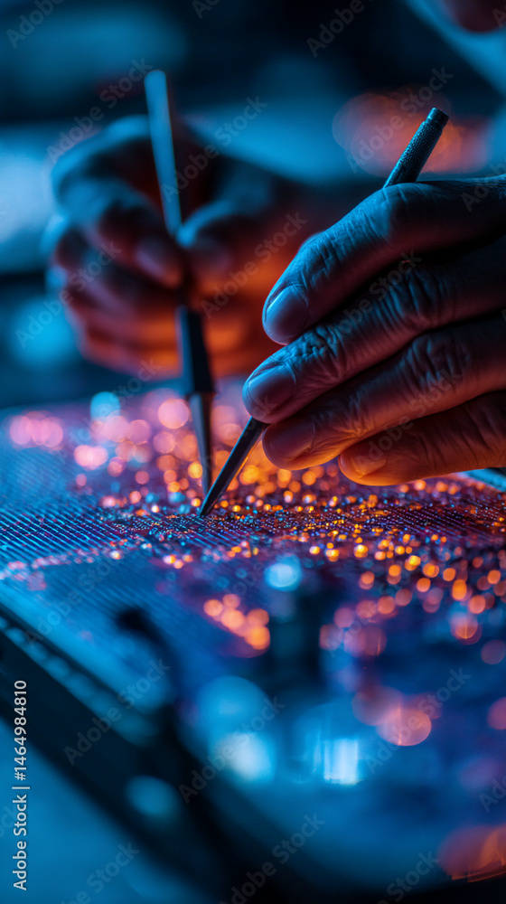 Poster close-up of hands using precision tools on a circuit board, illuminated with blue and orange light, 