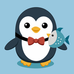 Adorable Cartoon Penguin with Bow Tie Holding Fish