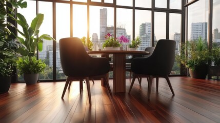 Fototapeta premium Modern city view dining room with hardwood floors large windows plants and stylish dark gray chairs around a wooden table