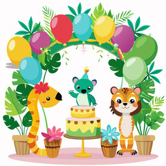 Fototapeta premium Jungle Animals First Birthday Party Cake Celebration