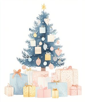 Soft watercolor illustration of a Christmas tree surrounded by presents, rendered in pastel colors with a whimsical touch. Set against an isolated white background, this artwork provides an ideal canv