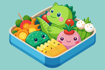 Adorable Cartoon Bento Box with Cute Dinosaur and Fruit Characters