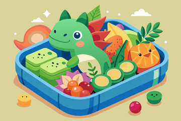 Adorable Dinosaur Bento Box with Colorful Fruits and Vegetables