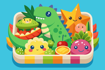 Adorable Cartoon Bento Box with Cute Dinosaur and Star Fruit