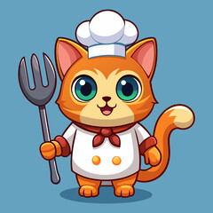 Adorable Orange Cat Chef Cartoon Character Holding a Fork
