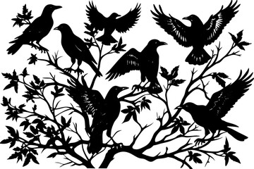Silhouette of Crows Perched on a Branchy Tree