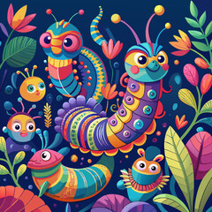 Vibrant Colorful Cartoon Insects in a Floral Garden