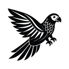 A clean black and white vector illustration depicting a parrot in mid-flight with extended wings