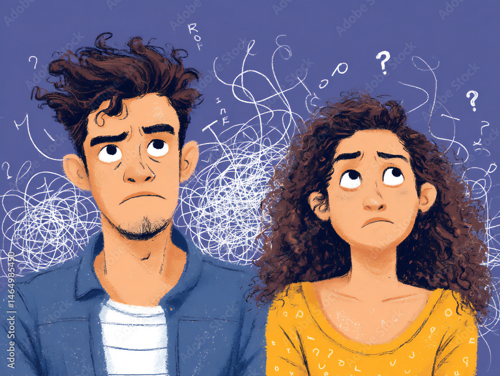 Poster a simple digital artwork featuring two people looking at each other with a jumble of foreign letters