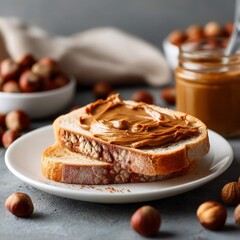 Delicious slice of bread topped with creamy nut spread accompanied by hazelnuts and a jar of spread in a cozy kitchen setting, perfect for breakfast or snack time