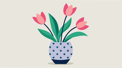 Three Pink Tulips in a Polka Dot Pot Spring Floral Illustration