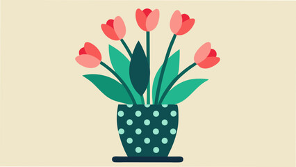 Five Red Tulips in a Polka Dot Pot Spring Floral Illustration