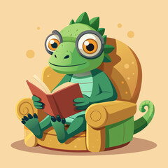 Adorable Cartoon Lizard Reading a Book in Armchair