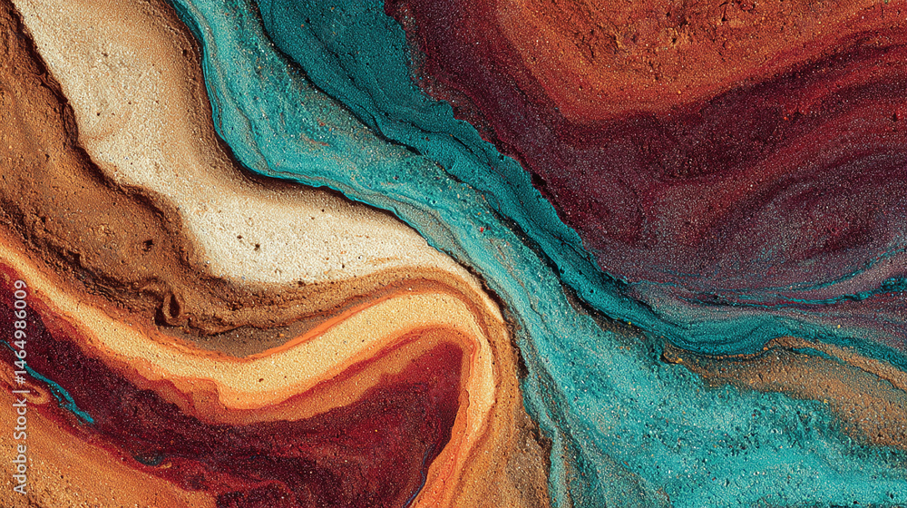Poster abstract image of swirling brown, beige, and teal paint, creating a textured, flowing effect, showca