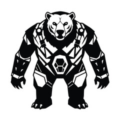 Powerful black and white vector illustration of a grizzly bear in cyberpunk futuristic armor design