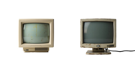 set of two Vintage outdated computer monitor close-up on white background 
