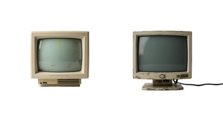 set of two Vintage outdated computer monitor close-up on white background 
