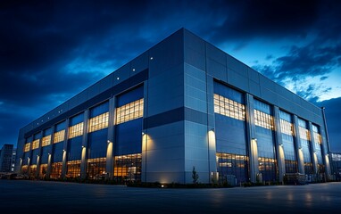Industrial Building at Dusk Illuminated Windows Cloudy Sky