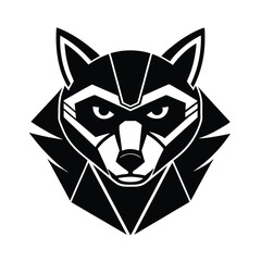 Geometric black and white illustration of a fierce raccoon head perfect for logos and animal themed designs