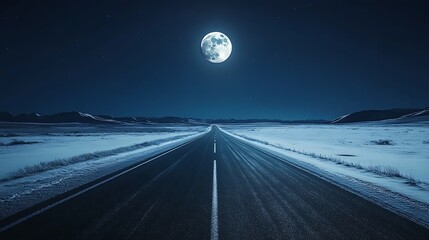 Road to the horizon under a full moon night sky
