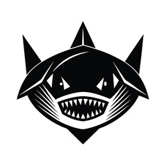 Striking black and white illustration of a shark head featuring sharp teeth and pointed fins graphic design