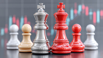 Chess pieces red and silver king with pawns on reflective surface and stock chart