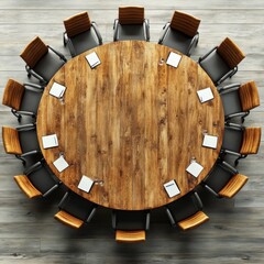 Overhead View of a Round Wooden Conference Table Surrounded by Chairs, with Notepads, Pens and Glasses of Water for a Meeting in a Modern Office.
