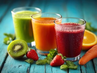 Three vibrant fruit and vegetable smoothies in glasses on a rustic blue wooden table