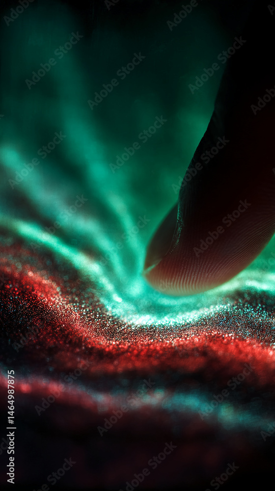 Poster close-up of fingertip interacting with red and green glitter, creating abstract light patterns, symb