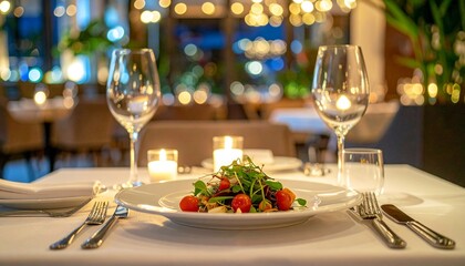 Fototapeta premium Romantic restaurant setting with a beautifully arranged entrée, modern interior, candlelight reflections, premium dining ambiance