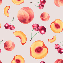 Peach fruits and cherry berries. Seamless pattern. Watercolor illustration on a beige background, hand-painted. Juicy tropical fruits. A clipart for printing on fabric, creating a booklet.