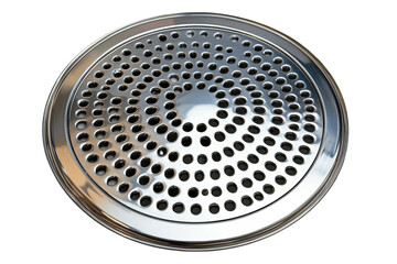 Polished stainless steel perforated disc circular pattern reflective surface industrial design on transparent background