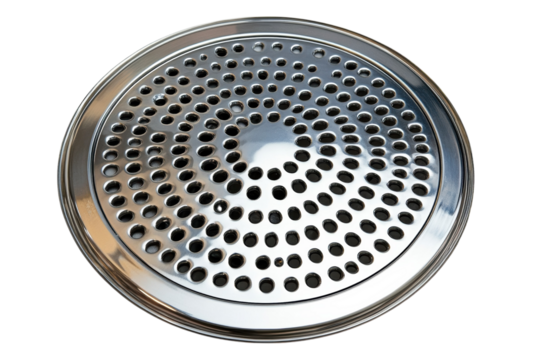 Polished stainless steel perforated disc circular pattern reflective surface industrial design on transparent background