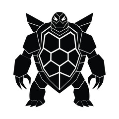 Obraz premium A striking black and white illustration of a geometric stylized turtle character with powerful arms and claws